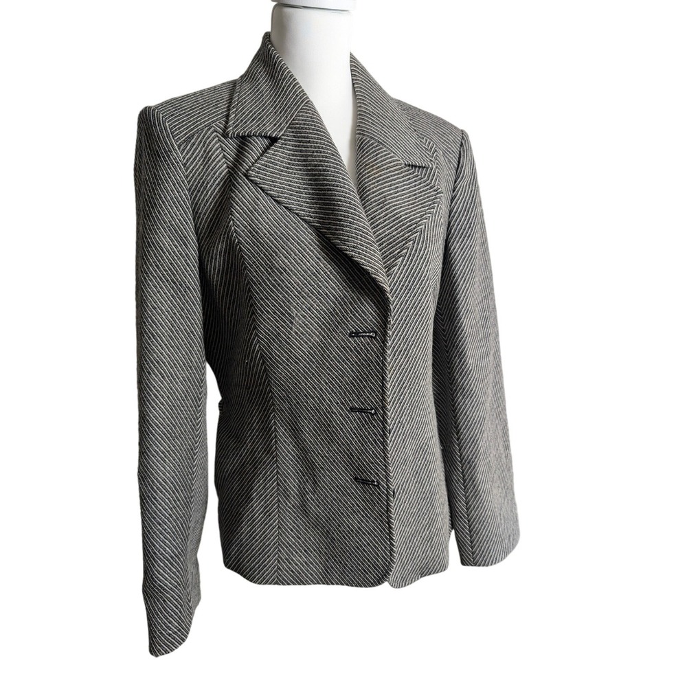 Talbots Women's Blazer Belted Wool Lined Black Stripe Button Up Vintage Size 14